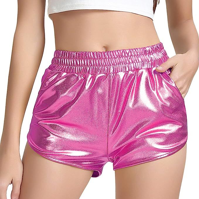 PESION Women's Metallic Shiny Shorts Sparkly Rave Hot Short Pants | Amazon (US)