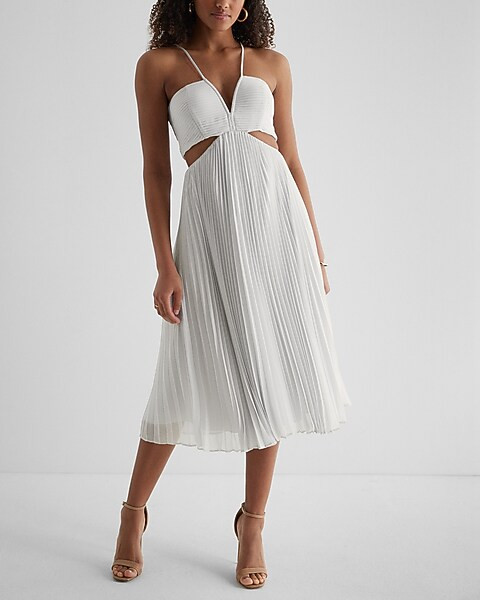 V-Neck Pleated Cutout Midi Dress | Express