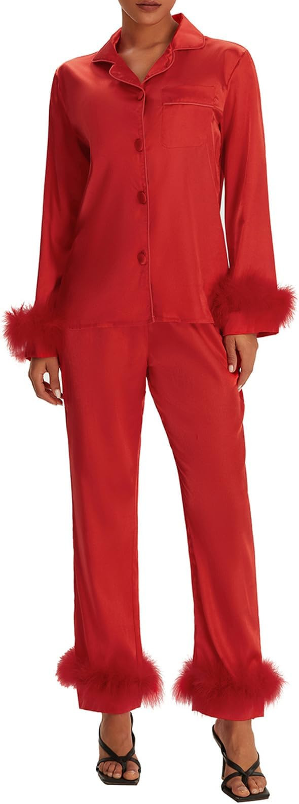 Women's Pajama Sets Feather Decoration Long Sleeve Button-Down Lapel Collar Tops + Pants Pjs Loun... | Amazon (US)