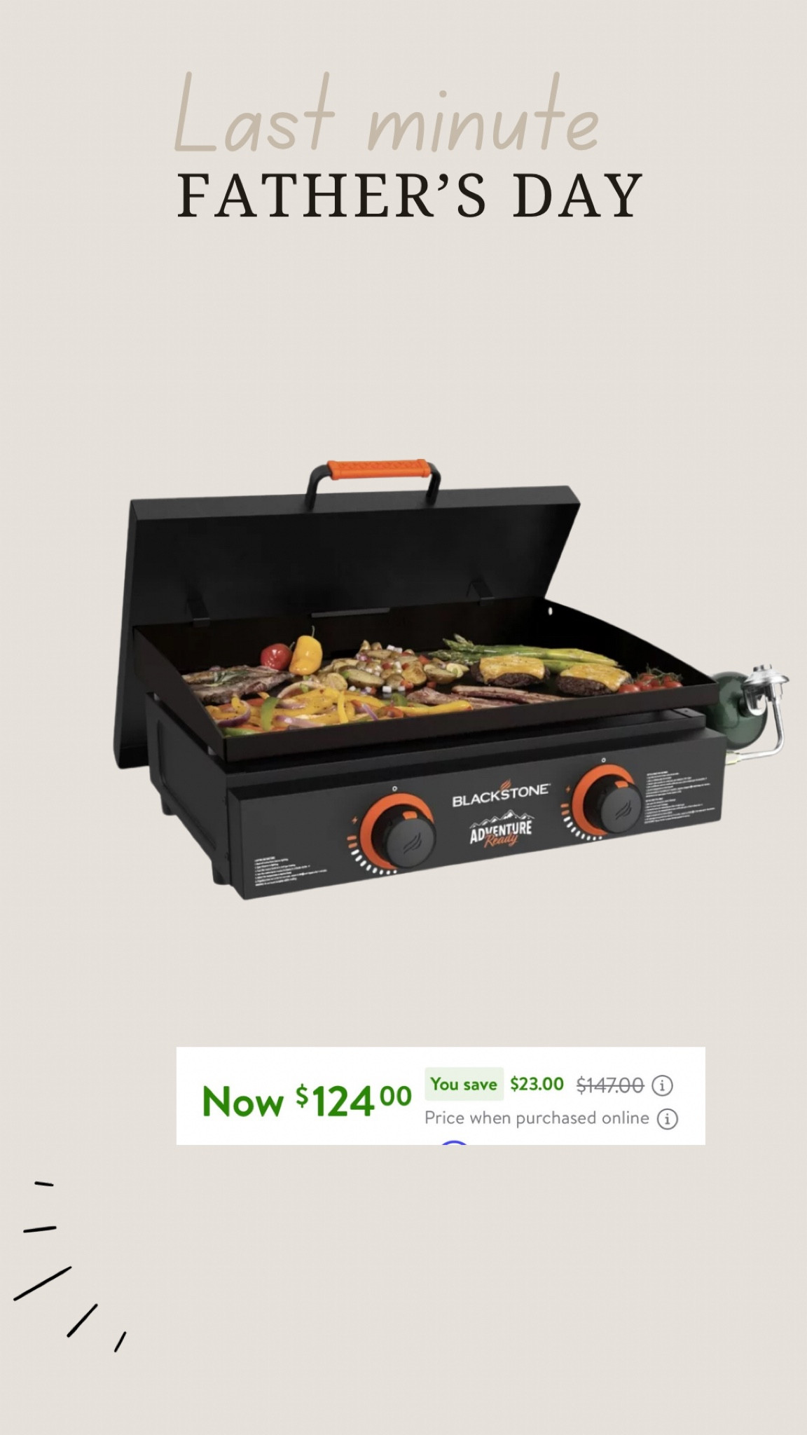 Blackstone Adventure Ready 2-Burner 22" Propane Griddle with Hard Cover in Black
Last minute Father’s Day gift idea 

#LTKSaleAlert #LTKGiftGuide #LTKMens