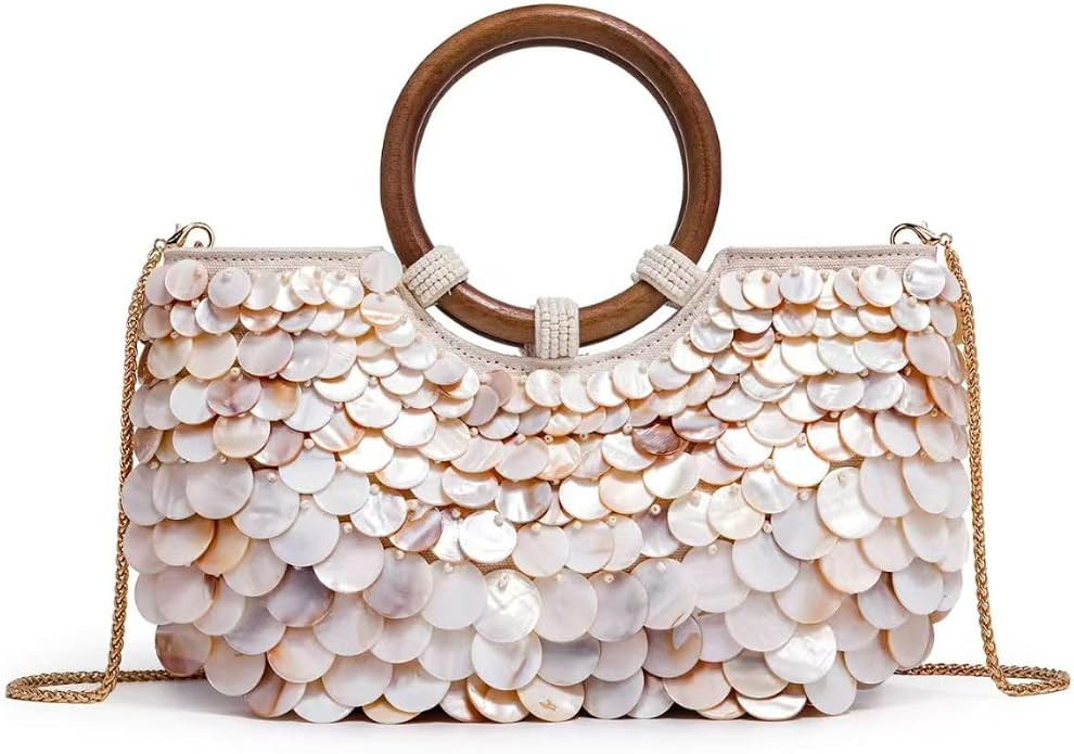 Beaded Shell Purse for Women Handmade Top Handle Evening Clutch Summer Beach Vacation Handbag | Amazon (US)