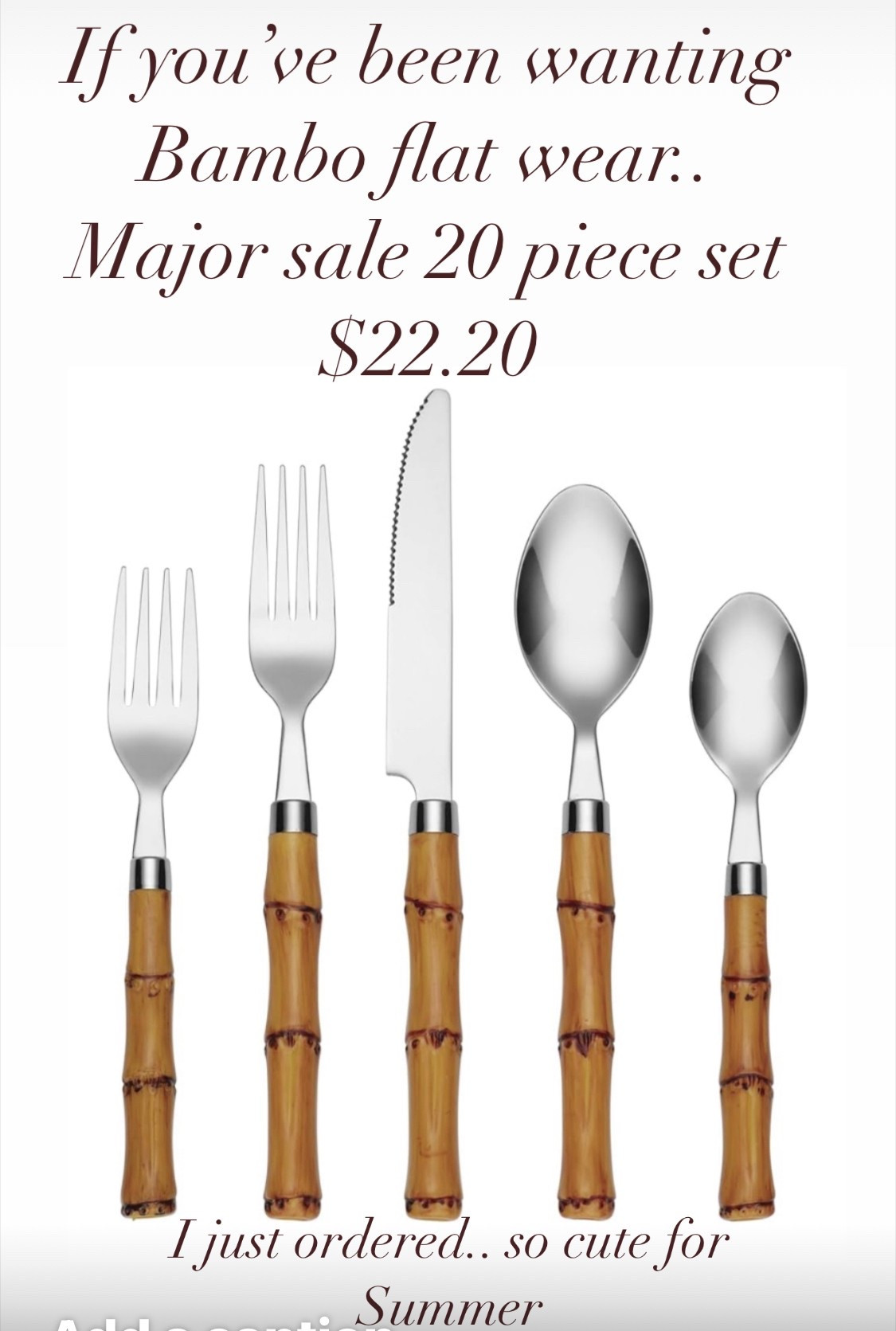 🚨Sale

Have you been wanting bamboo  flat wear? 
Now’s your chance… a 20 piece set for $22

I just ordered them, perfect for Summer entertaining and tablescape
 

 

#LTKSaleAlert #LTKSummerEdit #LTKFindsUnder50