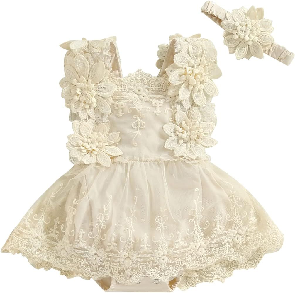 Engofs Baby Girl Boho 1st Birthday Romper Lace Floral Photoshoot Cake Smash Outfit | Amazon (US)