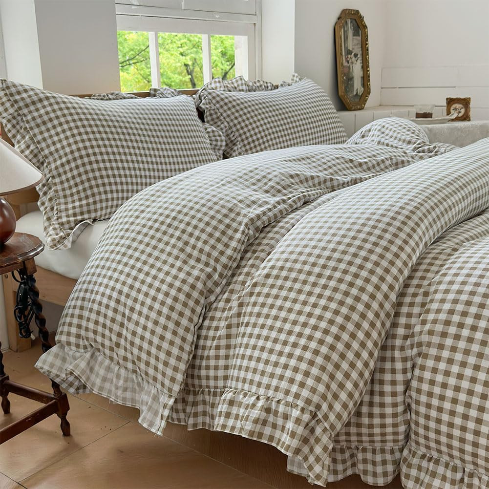 NSNLGSGC Tan Gingham Ruffle King Duvet Cover | Amazon (US)