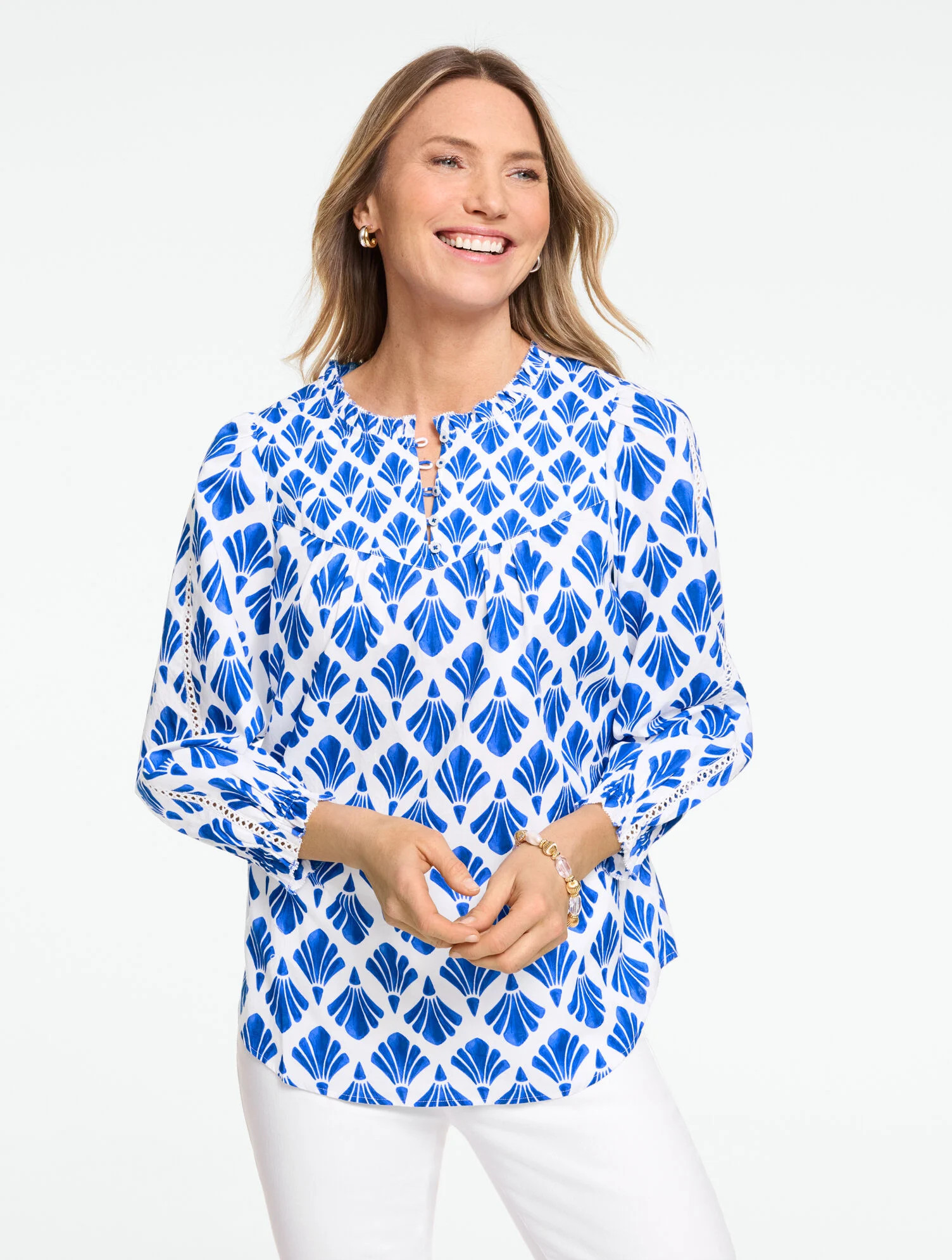 Pintuck Lace Voile Top  - Painted Fans | Talbots
