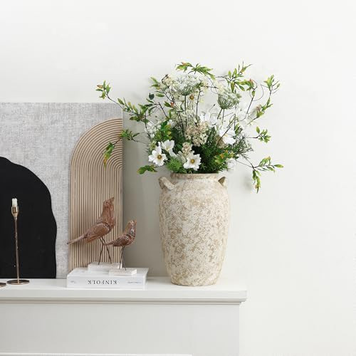 LuxenHome Big Rustic Ceramic Vase, 16" Tall Off-White with Brown Round Vintage Pottery, Large Vases for Decor Living Room, Farmhouse Flower Vase for Shelf Room Decor, Boho Home Décor Accents | Amazon (US)