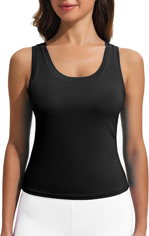 PINSPARK Workout Tops for Women Double Lined Athletic Shirts Scoop Neck Racerback Gym Tanks Sleev... | Amazon (US)