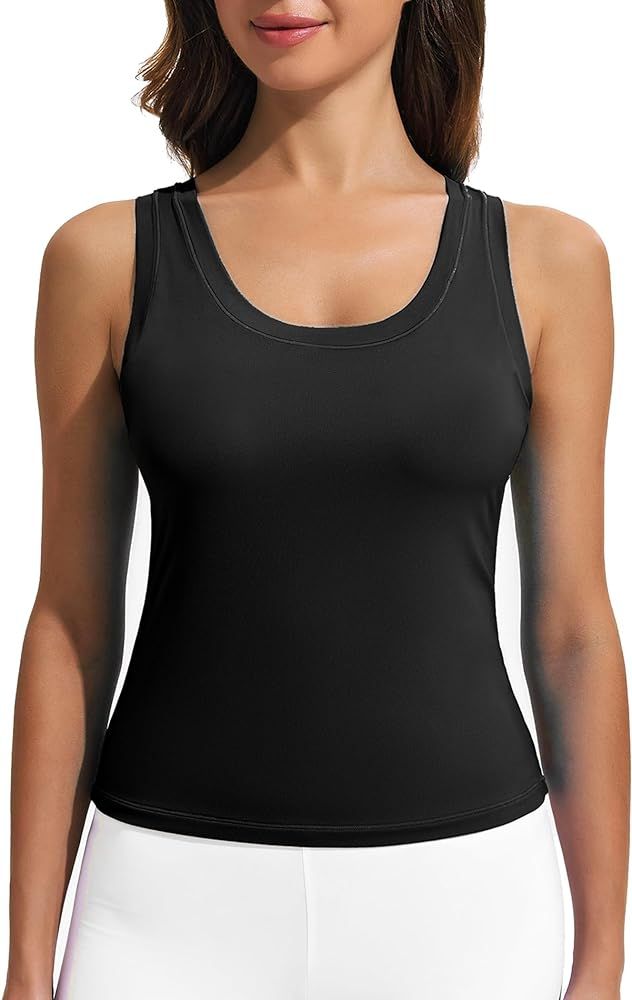 PINSPARK Workout Tops for Women Double Lined Athletic Shirts Scoop Neck Racerback Gym Tanks Sleev... | Amazon (US)