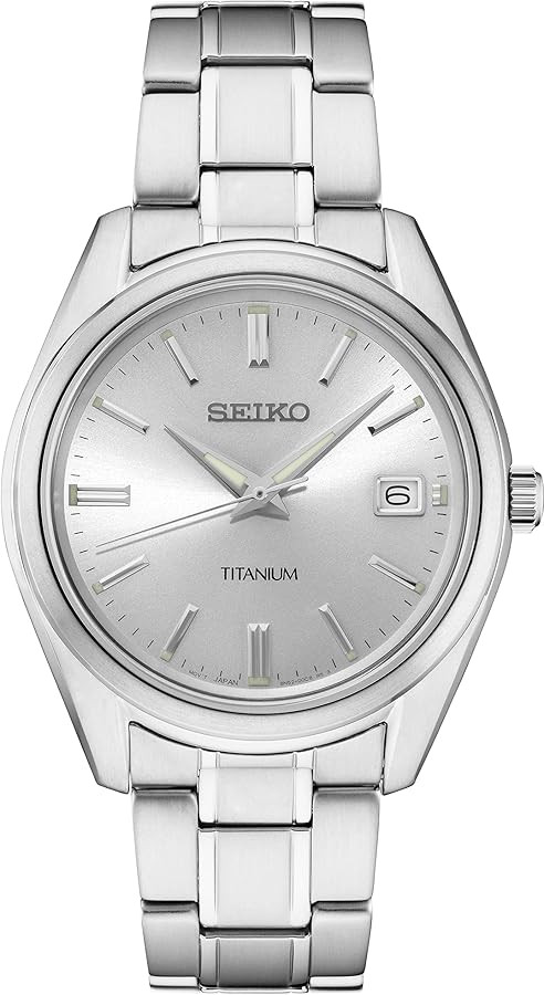 Seiko SUR369 Watch for Men - Essentials - Silver Dial with Sunray Finish, Date Calendar, Titanium... | Amazon (US)