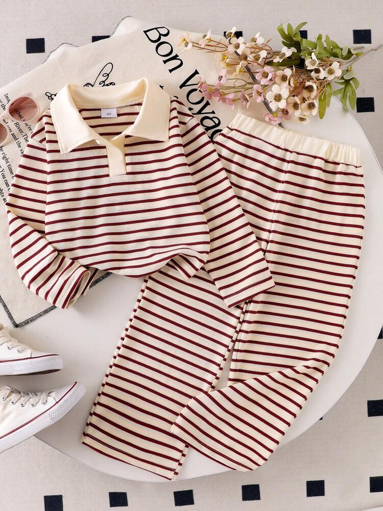 Genkimix Kids 2pcs Girls Striped Collar Long Sleeve Knit Top And Pants Set, Fashionable Children Casual Loungewear Outfit, Suitable For Early Autumn | SHEIN