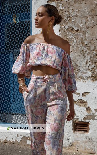Amalie The Label - Mimie Linen Blend Short Puff Sleeve Tie Back Top in Aurora Print | Showpo (US, UK & Europe)