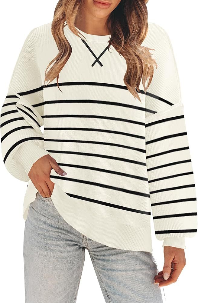 ETCYY Womens Sweaters 2024 Fall Clothes Oversized Long Sleeve Striped Shirts Lightweight Color Bl... | Amazon (US)