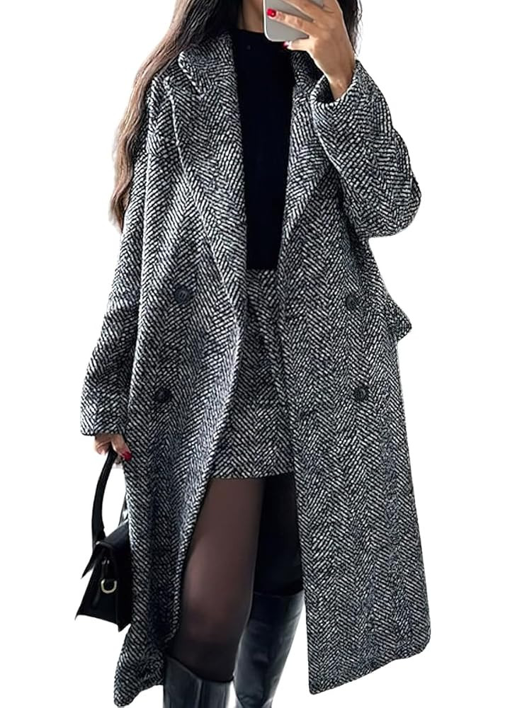 chouyatou Women's Winter Casual Herringbone Wool Coat Double Breasted Notch Collar Dressy Long Tr... | Amazon (US)