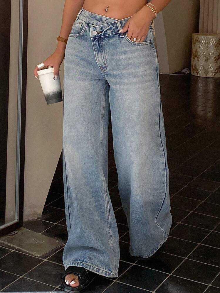 Livesso Women's Low-Waist Stylish Waistband Straight Leg Jeans | SHEIN