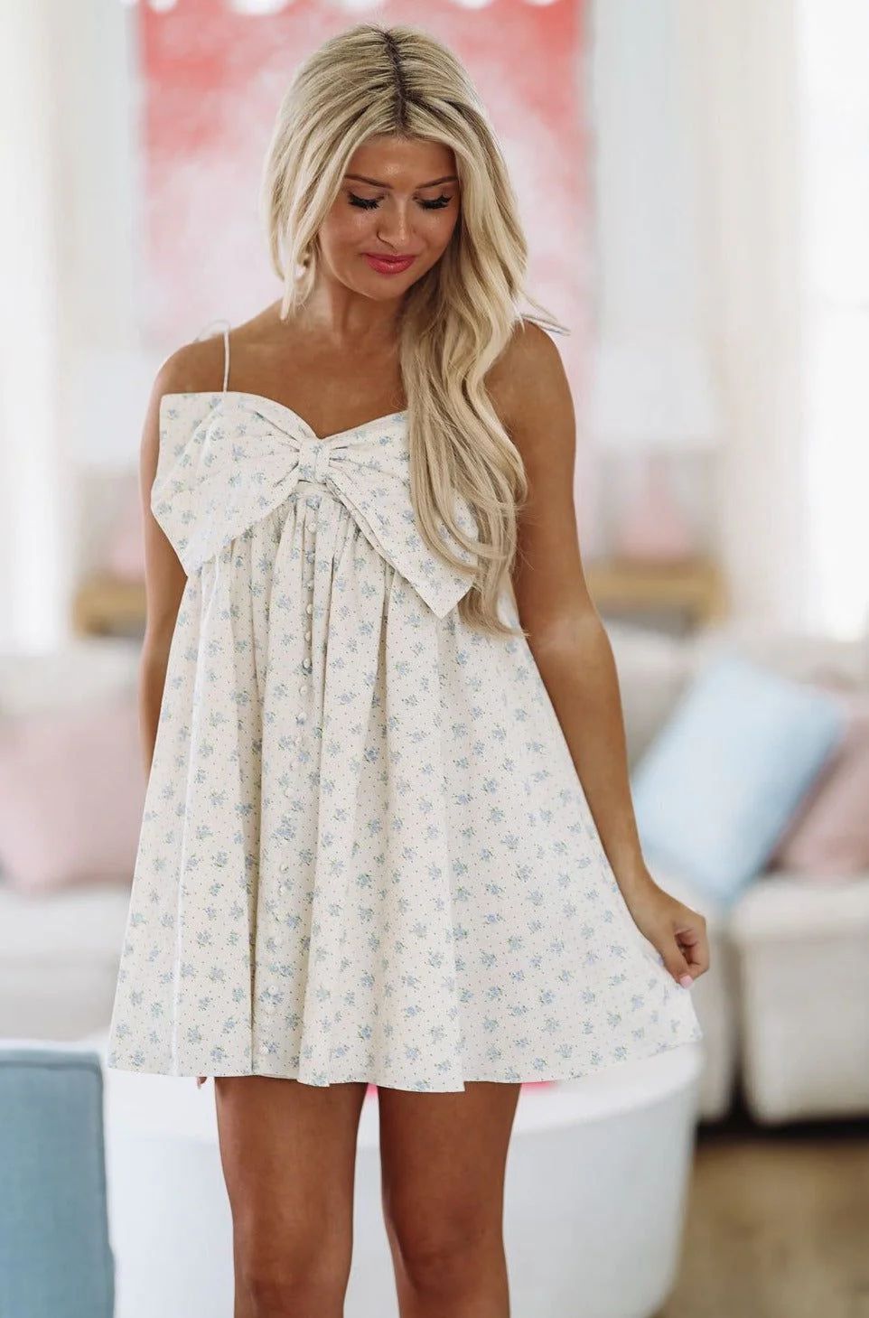 Just for Me Mini Dress - Cream and Blue | Hazel and Olive