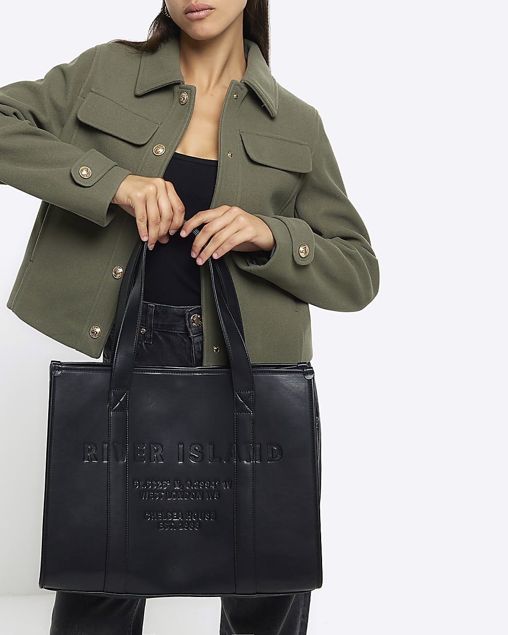 Black faux leather embossed shopper bag | River Island (UK & IE)