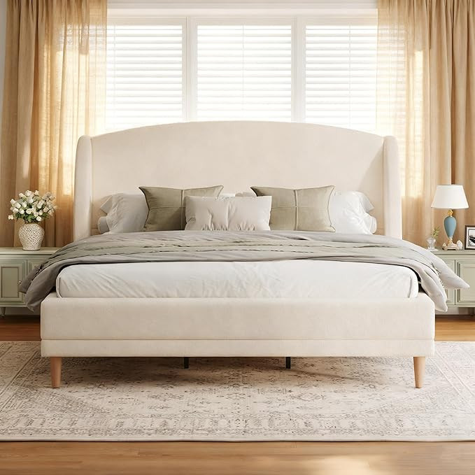 King Size Platform Bed with Wingback Headboard, Boucle Upholstered Platform Bed with Rounded Corn... | Amazon (US)
