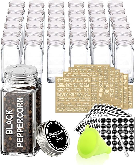 SWOMMOLY 36 Glass Spice Jars with 703 Spice Labels, Empty Square Spice Bottles 4 oz with Pour/Sif... | Amazon (US)