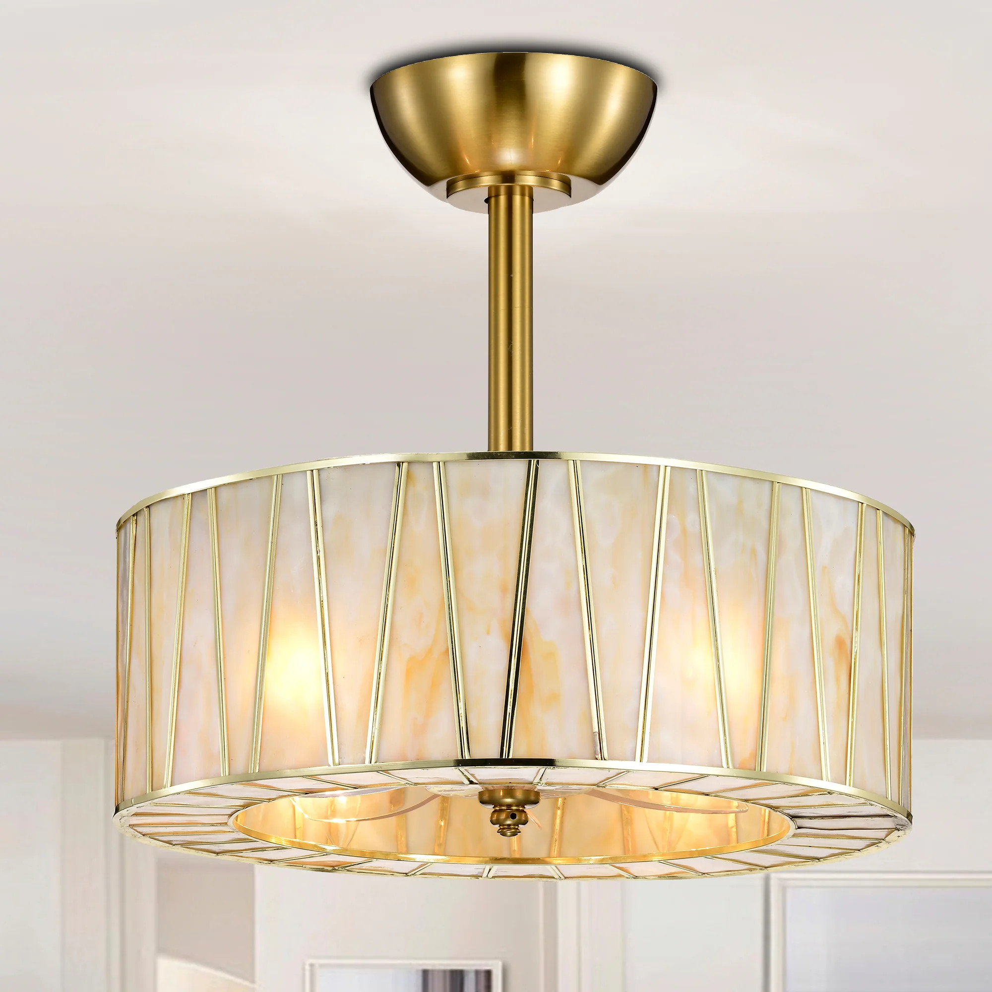 Sorcha Brass Finish Fandelier with Opaque Marbled Shade Remote Contol | Overstock