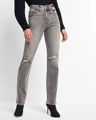 High Waisted Ripped Pearl Embellishment Modern Straight Jeans | Express