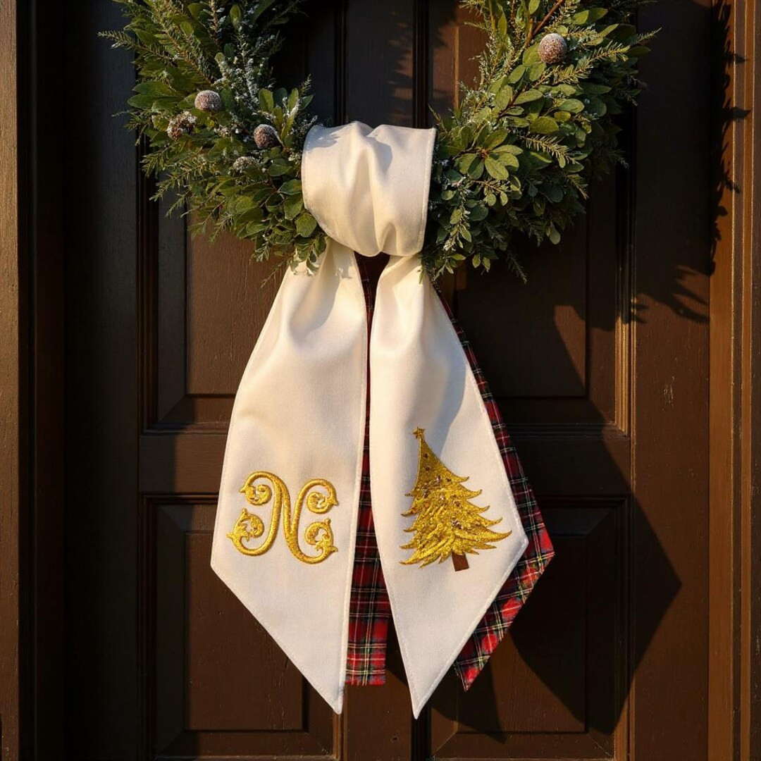 Embroidered Christmas Wreath Sash, Personalized Christmas Bow, Handmade Christmas Wreath Bow, Cus... | Etsy (US)