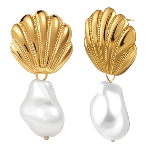SMYHTGLIF Gold Shell Earrings for Women 18K Gold Plated Chunky Drop Dangle Earrings Beach Seashell Earrings for Jewelry Gift | Amazon (US)