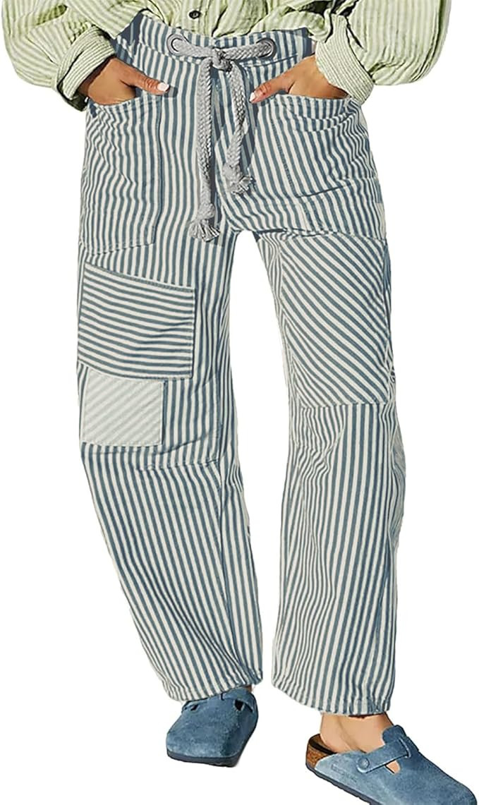 Baggy Barrel Jeans for Women Y2k Striped Drawstring High Waist Straight Wide Leg Boyfriend Jeans ... | Amazon (US)