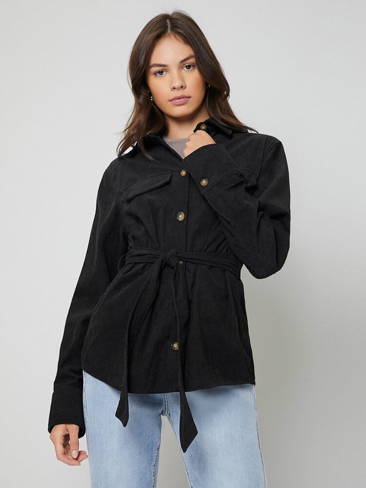 SHEIN Flap Detail Button Front Belted Cord Coat | SHEIN