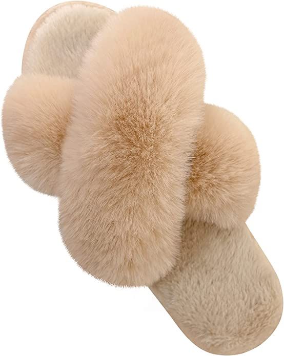 Women's Cross Band Slippers Soft Plush Furry Cozy Open Toe House Shoes Indoor Outdoor Faux Rabbit... | Amazon (UK)
