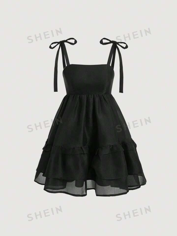 SHEIN MOD Women's Black Puff Sleeve Tulle Strap Cake Dress | SHEIN USA | SHEIN