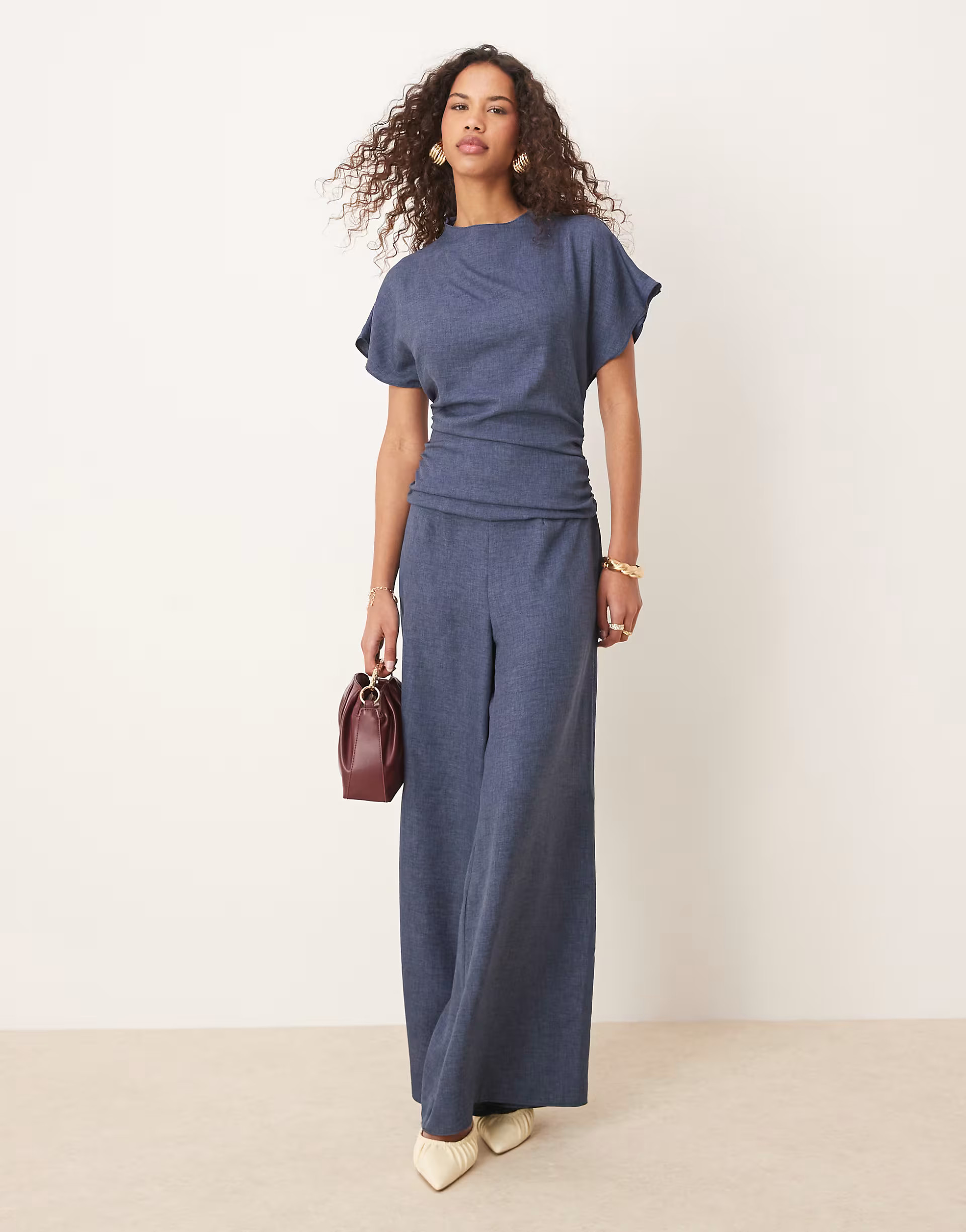 ASOS DESIGN linen look open back and ruched detail jumpsuit in navy | ASOS (Global)