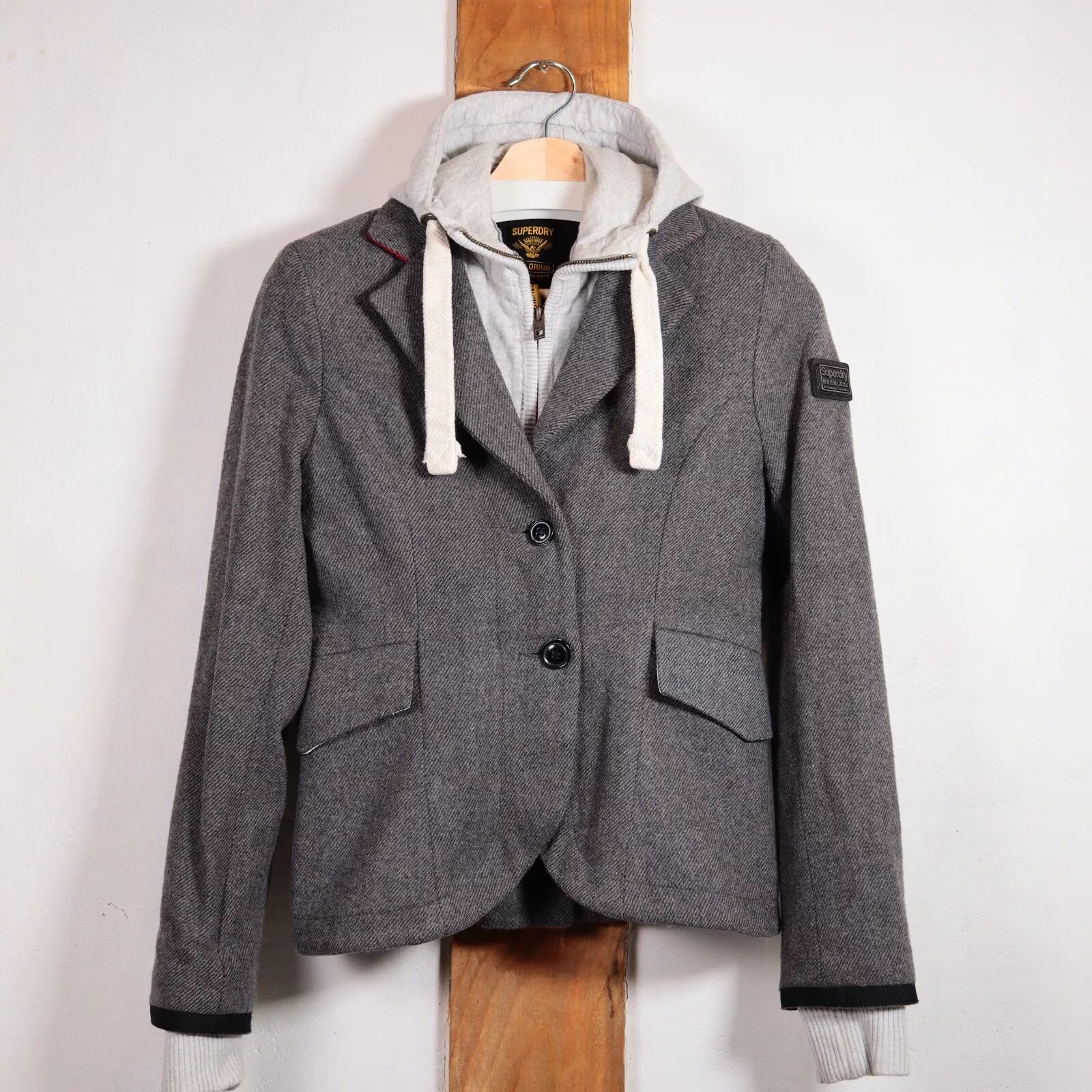 Superdry Tailoring Wool Blend Grey Hunting Blazer Removable Hoodie Trim Small  | eBay | eBay US