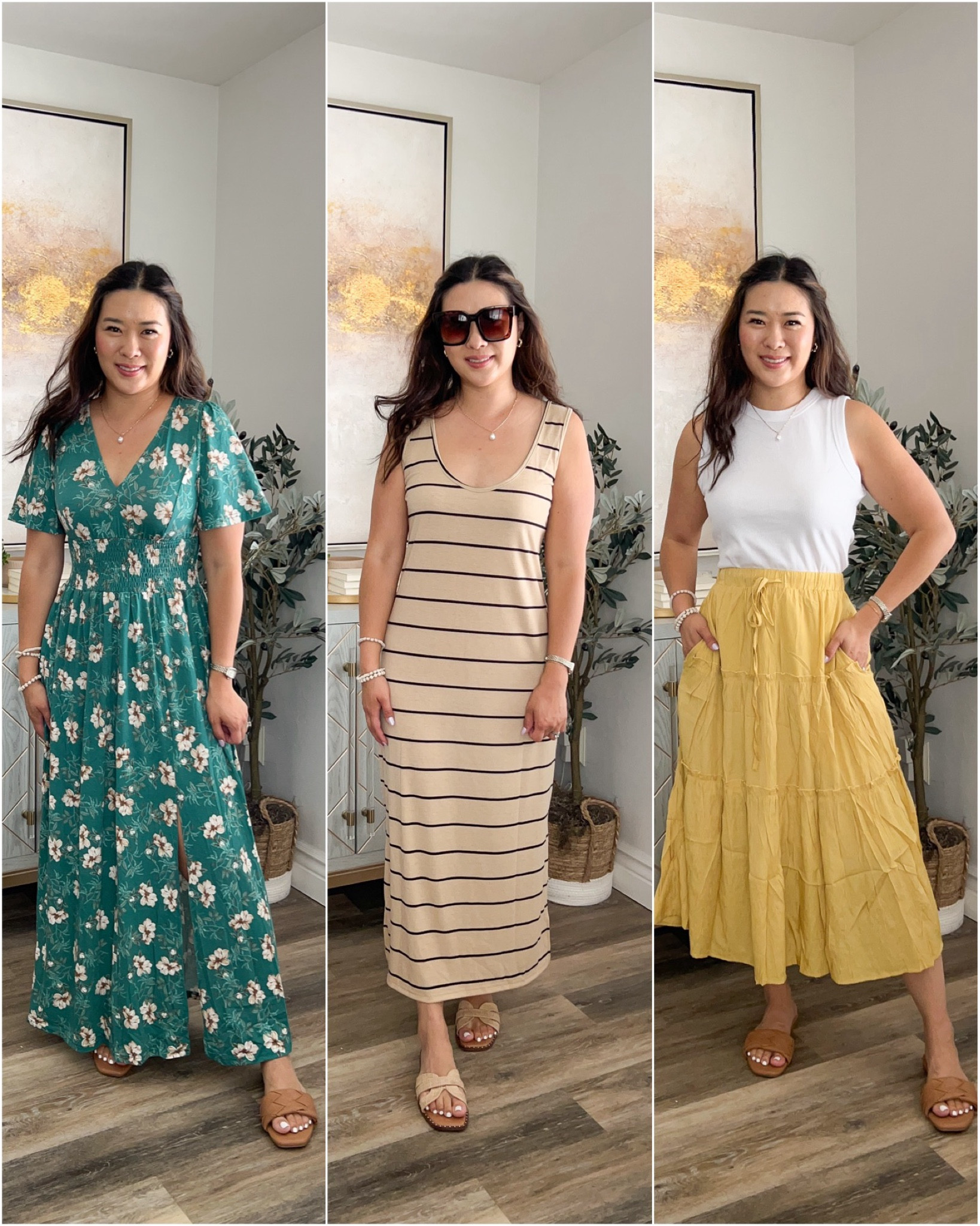 @WalmartFashion Summer dresses #WalmartPartner #WalmartFashion
Floral Maxi Dress: Small
Striped Dress: Medium
Tank: Medium (could do Small)
Skirt: Small