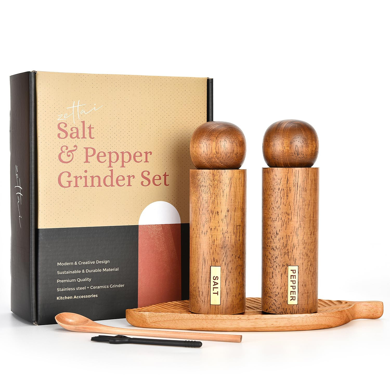 Zettai Wooden Salt & Pepper Grinder Set with Tray, Wooden Salt & Pepper Mill Set (8 inches) For D... | Amazon (US)