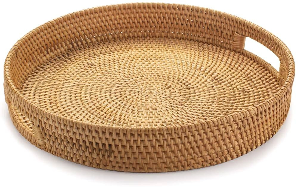 YANGQIHOME Rattan Round Serving Tray, Decorative Coffee Table Tray, Hand Woven Serving Basket wit... | Amazon (US)