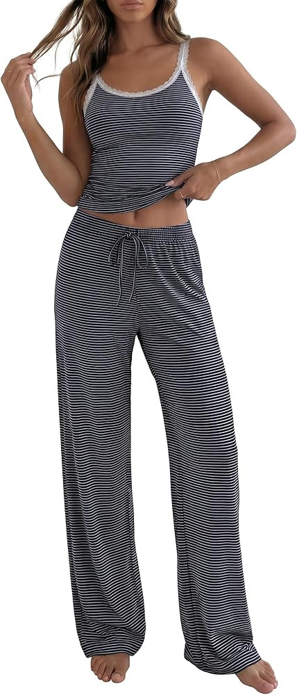BTFBM Lounge Sets For Women 2026 Striped 2 Piece Pajama Sets Spaghetti Strap Tops Wide Leg Pants ... | Amazon (US)