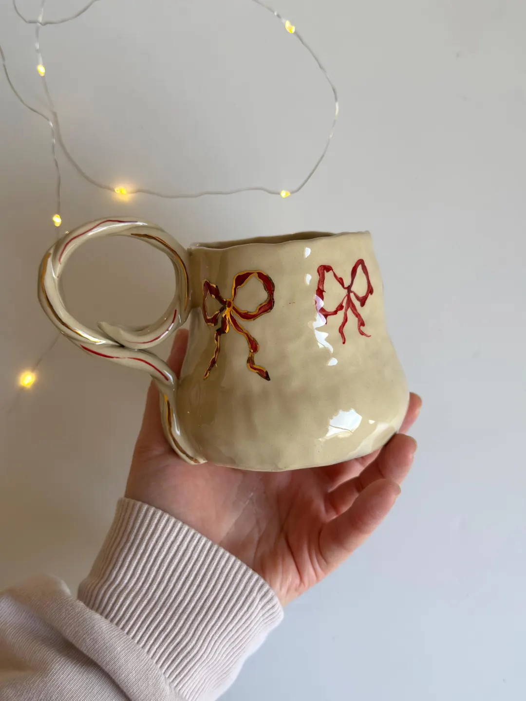 Cute 24k Gold Detailed Bows Christmas Handmade Ceramic Mug Design , Bow Pattern Handmade Ceramic ... | Etsy (US)