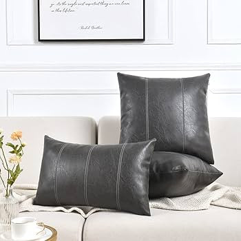 Fancy Homi 2 Packs Dark Gray Lumbar Faux Leather Decorative Throw Pillow Covers 12x20 Inch for Ou... | Amazon (US)