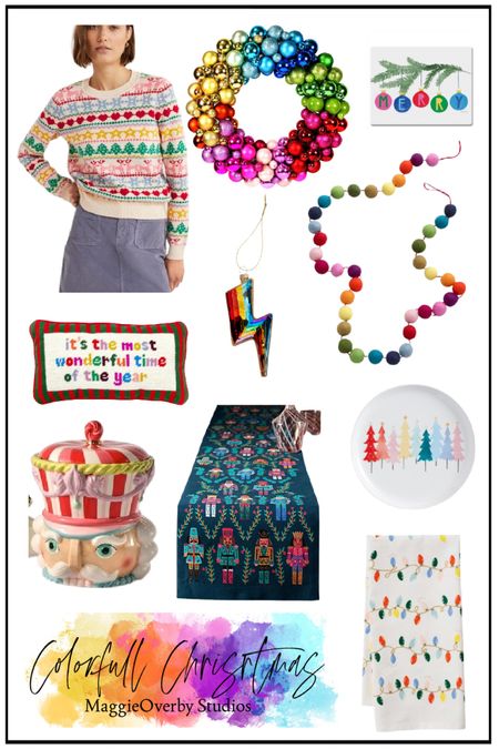 Colorful Christmas. Christmas sweater, ornament, wreath. Christmas garland, nutcracker, cookie jar, dish towel, table runner, Christmas dishes

#LTKSeasonal #LTKHoliday #LTKhome