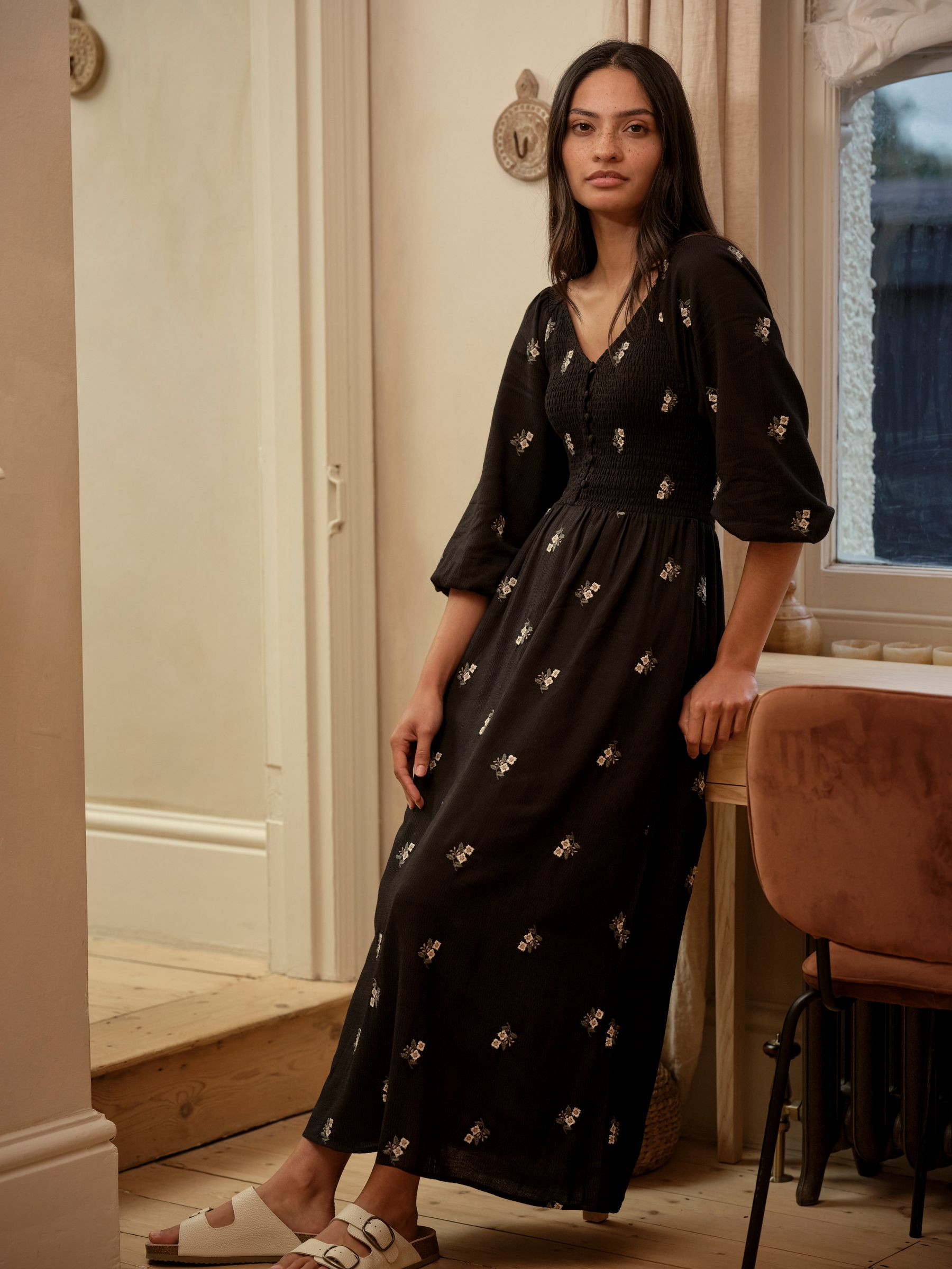 Adele Black Regular Embroidered Midi Dress | Fat Face