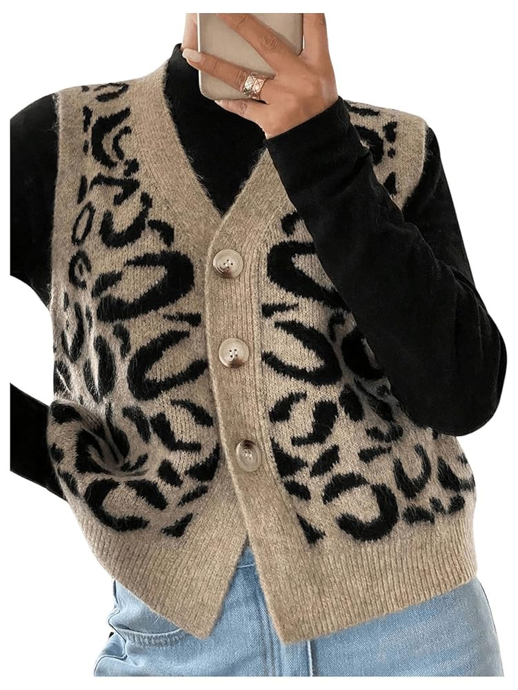 GORGLITTER Women's Leopard Button Up Sweater Vest Cheetah Print Sleeveless Office Knit Trendy Ves... | Amazon (US)