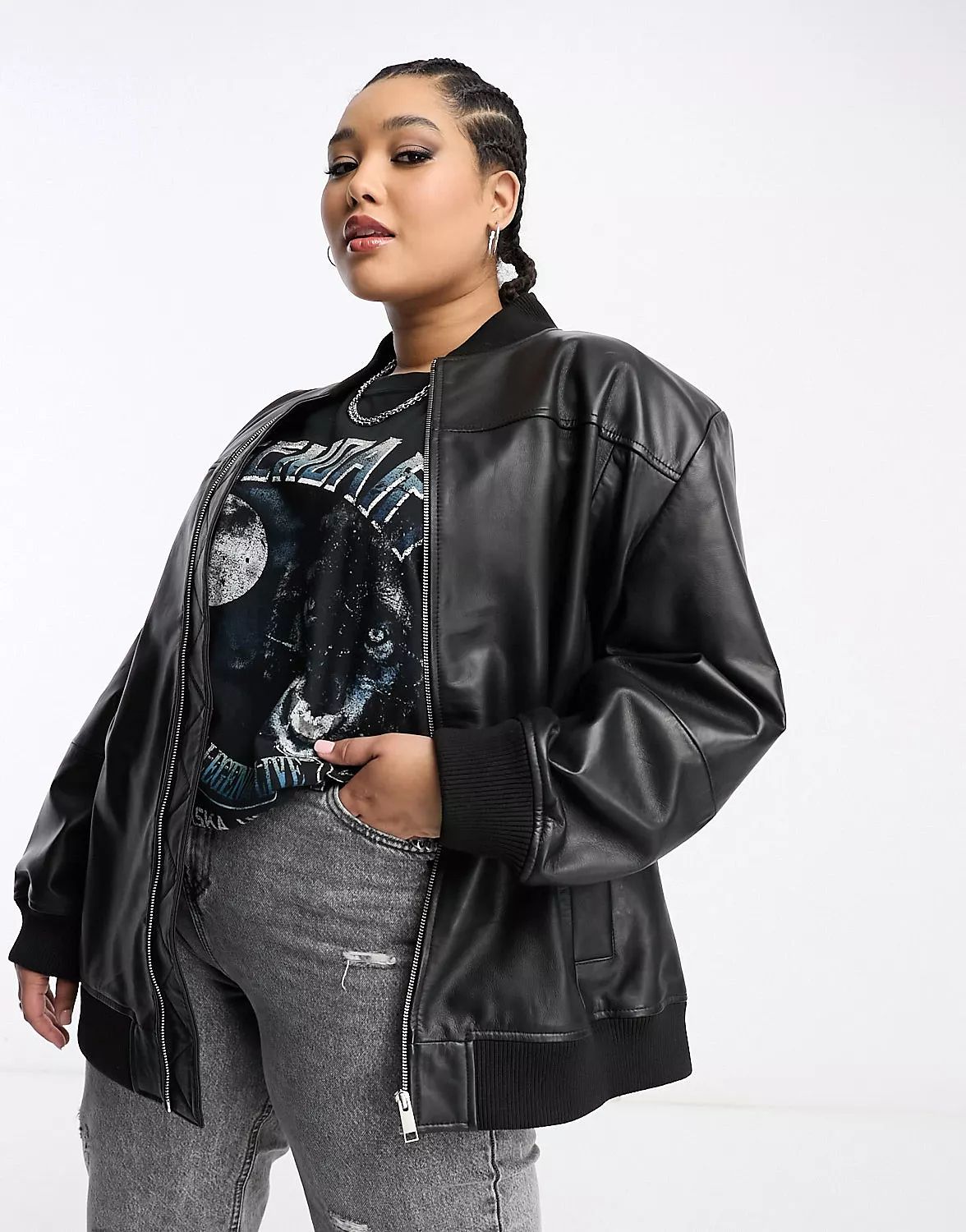 Urbancode curve real leather oversized bomber in black | ASOS (Global)