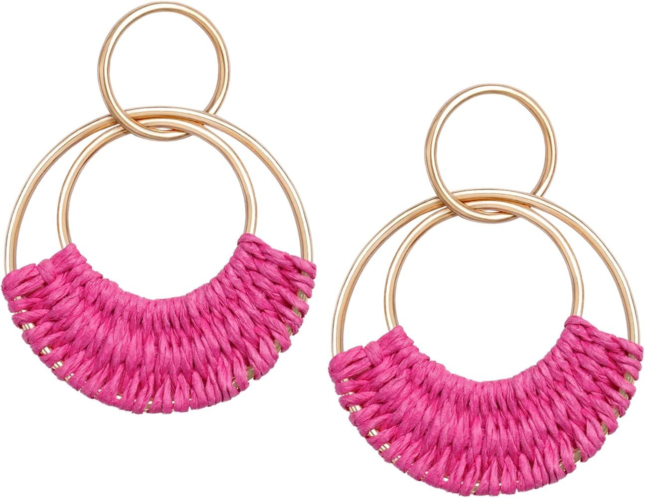 SELFWIMG Raffia Hoop Earrings for Women Girls Fun Boho Summer Beach Earrings Lightweight Handmade Straw Wicker Rattan Dangle Earrings Statement Geometric Round Drop Earrings | Amazon (US)
