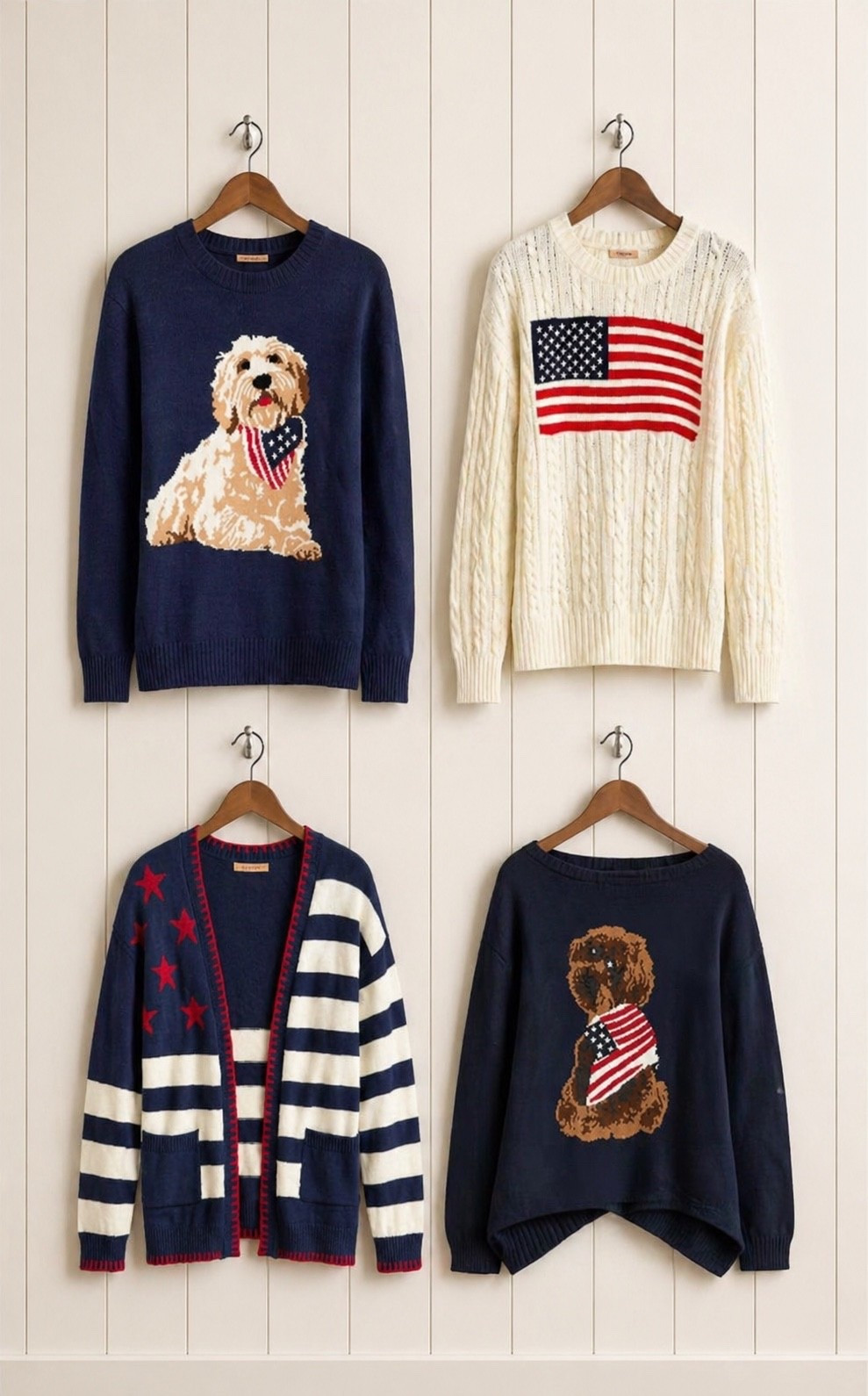 OMG!!!!! BACK IN STOCK!!! How cute are these patriotic dog sweaters?!
These will likely sell out quickly, so don’t wait on this one.  I also included some other cute patriotic, sweaters that are new and reasonably priced.

 Flag attire, flag clothing, Fourth of July, Memorial Day, target, Walmart, Ralph, Lauren, target style, express