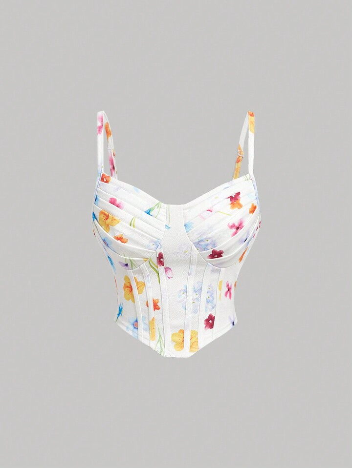 SHEIN MOD Vintage Romantic Floral Print Pleated Bustier Camisole Top | SHEIN