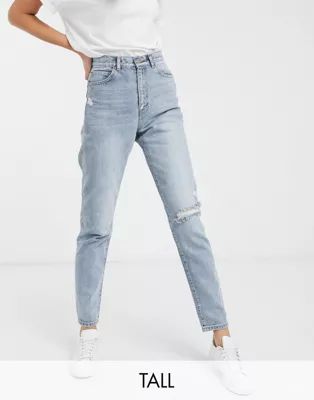 Dr Denim Tall Nora high rise mom jean with rip in blue | ASOS US