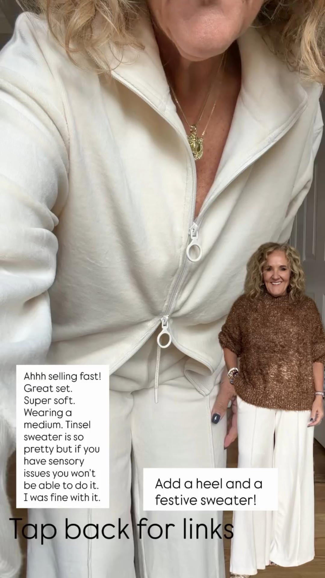 Ahhh selling fast! Great set. Super soft. Wearing a medium. Tinsel sweater is so pretty but if you have sensory issues you won’t be able to do it. I was fine with it.  Add a heel and a festive sweater!  

20% off code nanette20 on my jewelry 

#LTKOver40 #LTKFindsUnder50 #LTKHoliday