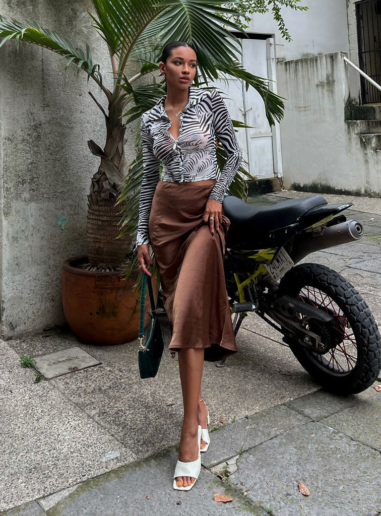 Tyra Satin Midi Skirt Brown | Princess Polly US
