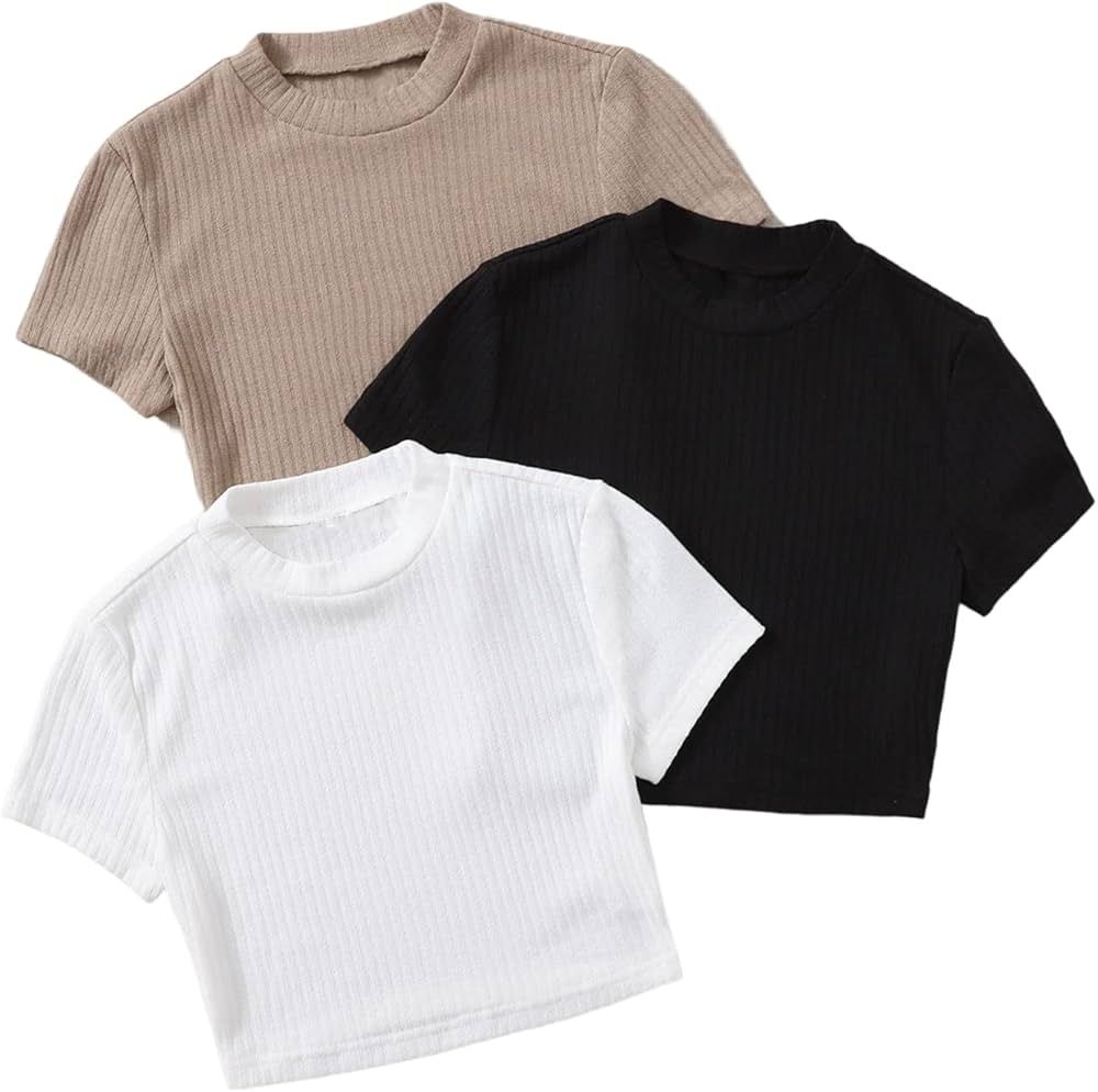 Verdusa Women's 3 Pack Solid Ribbed Cap Sleeve Crop Tee Top T Shirt | Amazon (US)