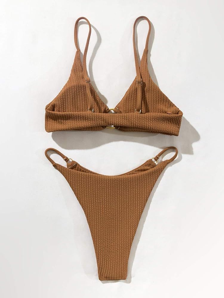 MakeMeChic Women's Ring Linked High Cut Triangle Thong Bikini Set Sexy 2 Piece Swimsuit | Amazon (US)